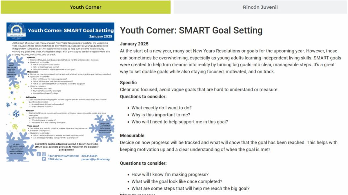 a screen capture of IPUL's youth corner on ipulidaho.org