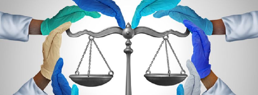 Medical laws and legal medicine or malpractice law as a group of hospital workers or doctor and nurse hands holding a justice scale as a health legislation symbol with 3D illustration elements.