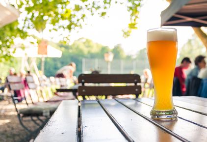 German Beer 0_5 Liter on Wooden Table Biergarten Traditional Culture Beautiful Day