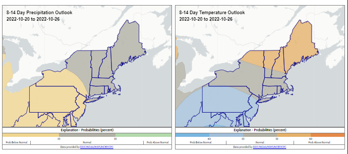 Map of 8 to 14 day precipitation and temperature outlooks in the northeast US.