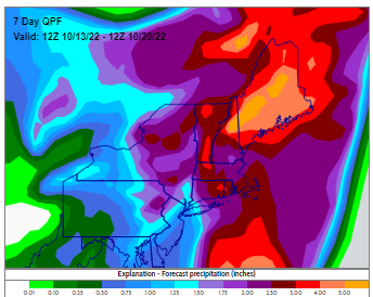 A map of the northeast showing the amount of precipitation forecast between October 13 2022 to October 20 2022.