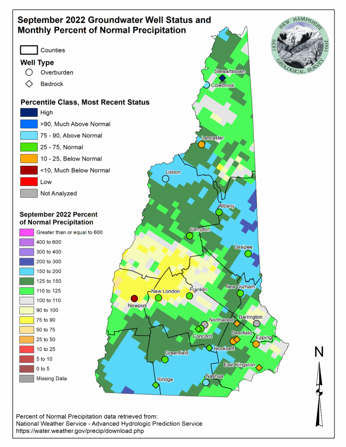 Map of New Hampshire groundwater monitoring network showing groundwater levels at the end of September.