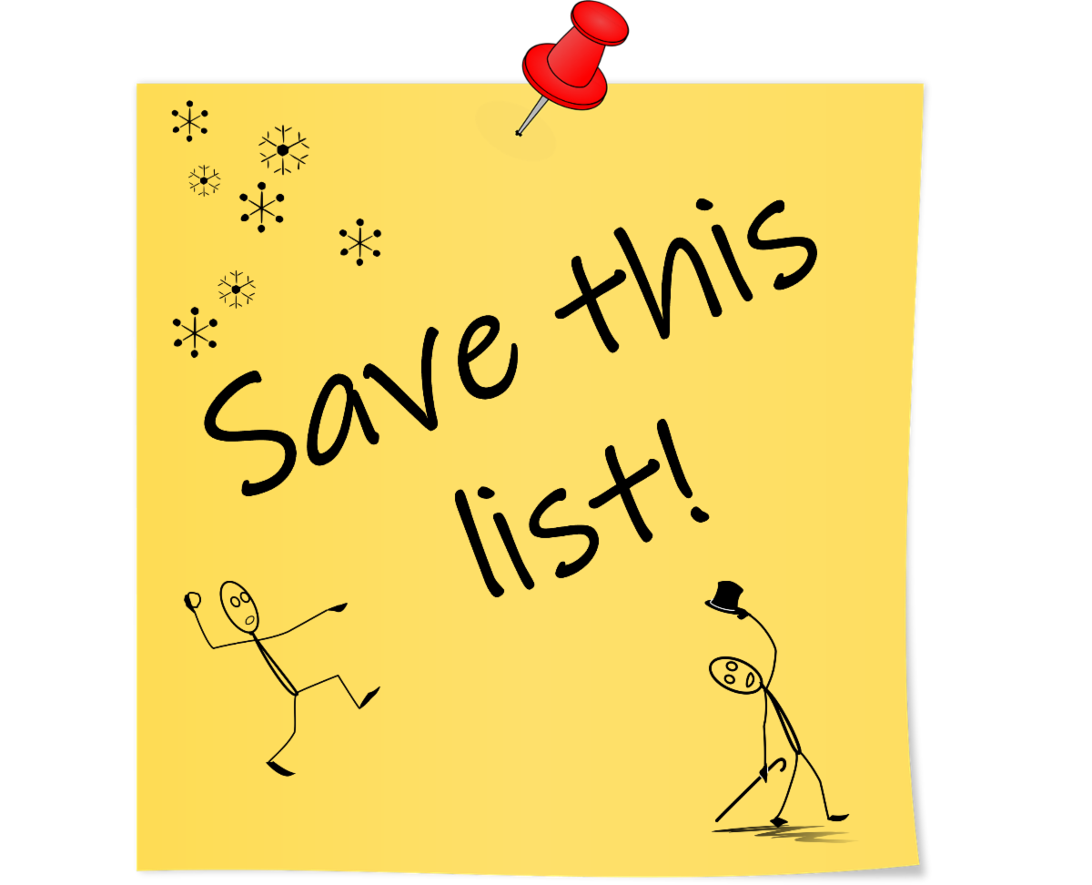 A yellow post it note paper that reads "Save this list" above a stick figure throwing a snowball at another stick figure with a top hat.