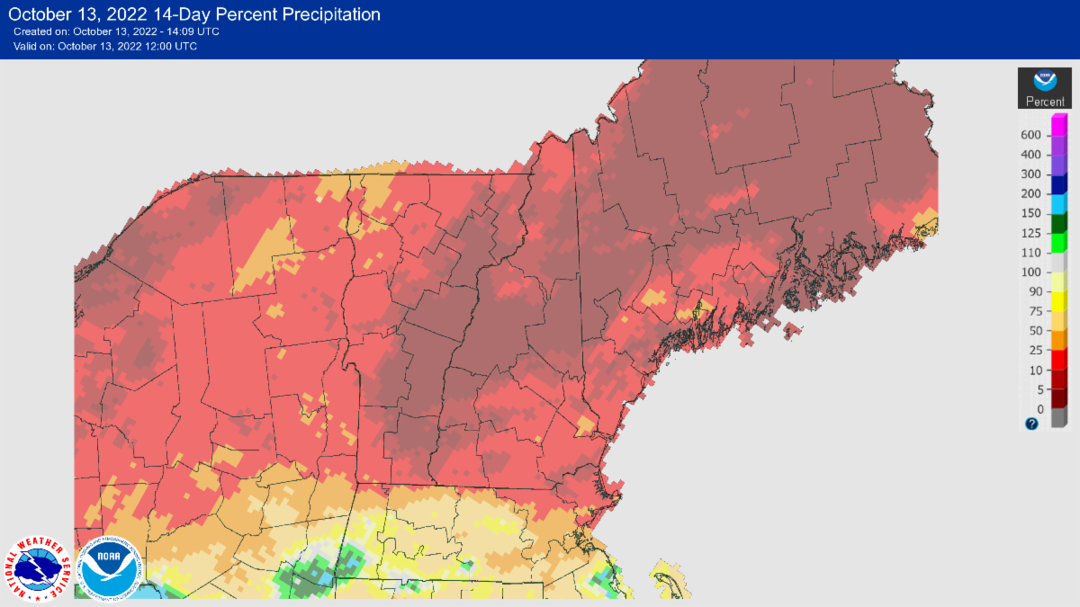 Map of 14 day percent precipitation departure ending on October 13 2022.