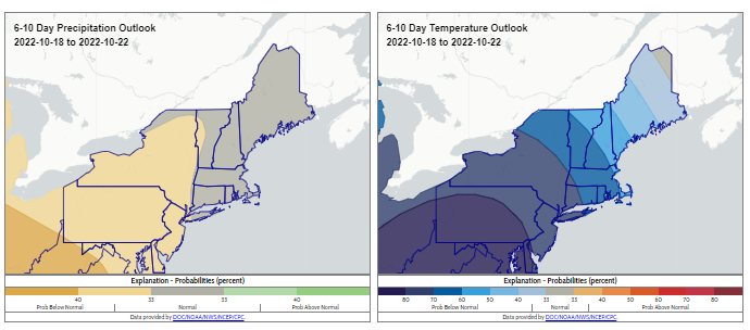 Map of 6-10 day precipitation and temperature outlook for the northeast US.