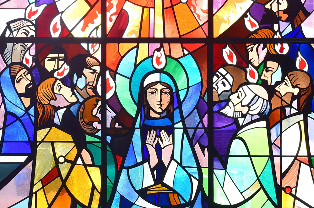 Stained glass depiction of Pentecost - St. Aloysius Church in Somers Town - London