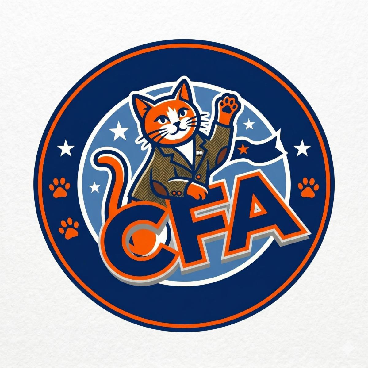 CFA Jorts mascot logo: a cat in a tweed jacket waving
