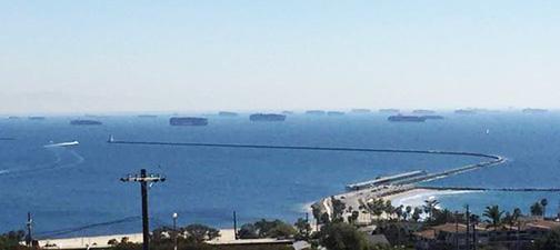 ships waiting off the coast of Long Beach