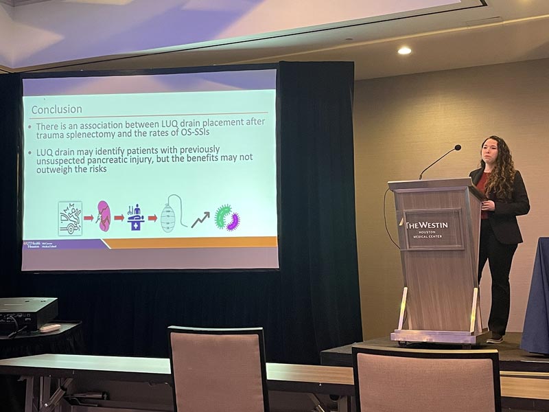 Dr. Stephanie Martinez Ugarte, a T32 research fellow under the mentorship of Dr. Kao, presented her project titled "Drains After Trauma Splenectomy: Helpful or Harmful?"