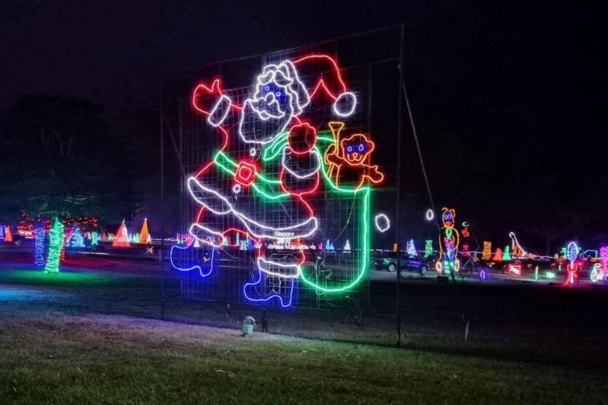 christmas lights at night with santa light display