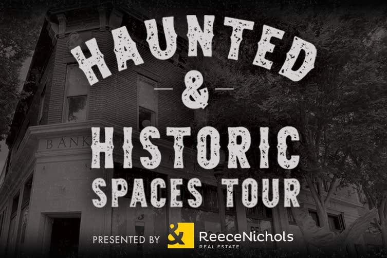 black and white image of a building with text overlay saying haunted and historic spaces tour with reece nichols logo