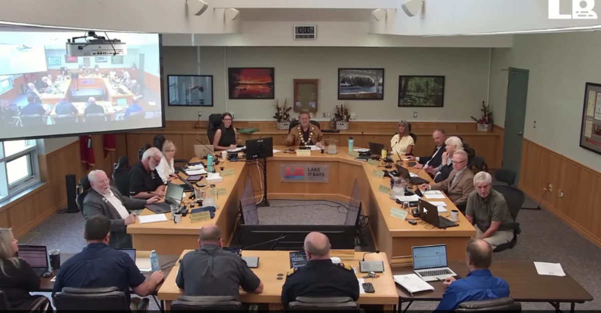 Lake of Bays council during a July 14 council meeting where Rob Bosomworth presented results from the Safe Quiet Lake survey.  Rebecca Hudescu screenshot