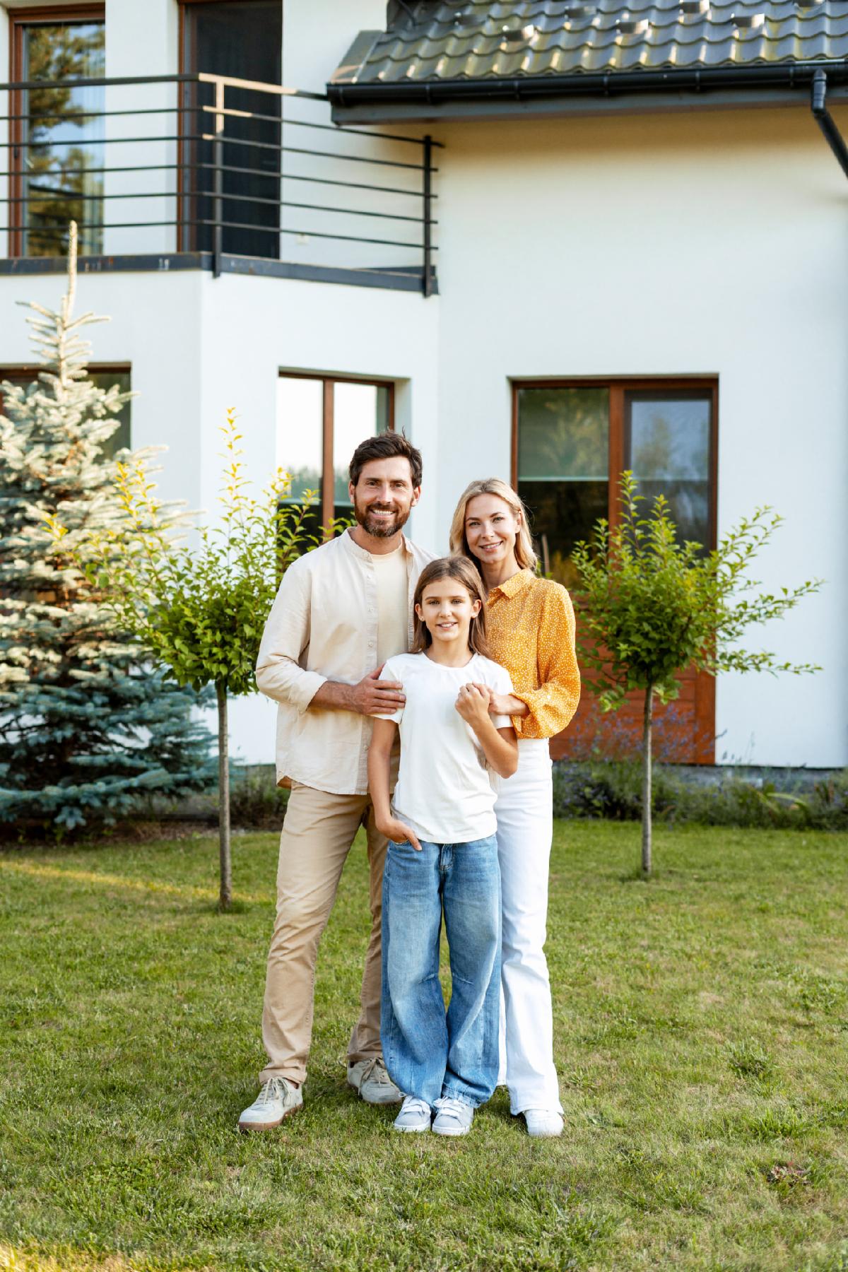 Smiling parents and their daughter are enjoying a sunny day together in the garden of their new modern house surrounded by lush greenery and the warmth of family unity. Parenthood concept