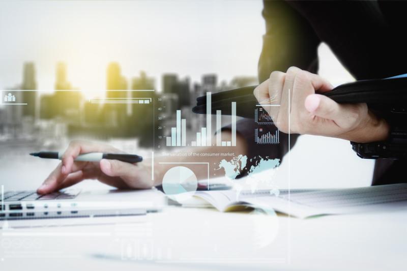 Double exposure of business woman prepare documents and check data of work_business people working in the office and with blur city and network connection concept business concept.