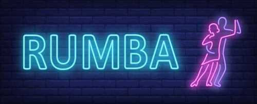 Rumba neon text with two dancers. Dance studio or performance design. Night bright neon sign_ colorful billboard_ light banner. Vector illustration in neon style.
