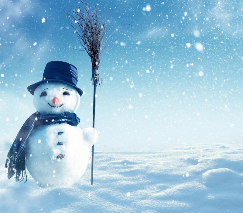 Happy snowman standing in winter christmas landscape 