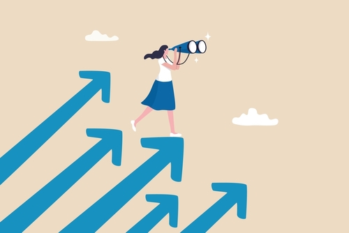 Searching for growth opportunity_ vision to look and see future_ challenge ahead or motivation to grow business concept_ businesswoman on arrows look through binoculars to find business opportunity.