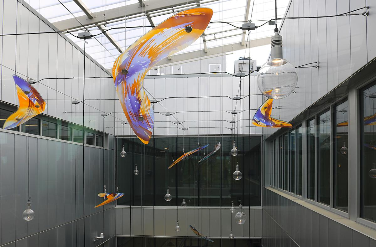 “Fly Away” by Guy Kemper suggests birds flying through the space. Located at Pierce College - Fort Steilacoom, Lakewood, Western WA.