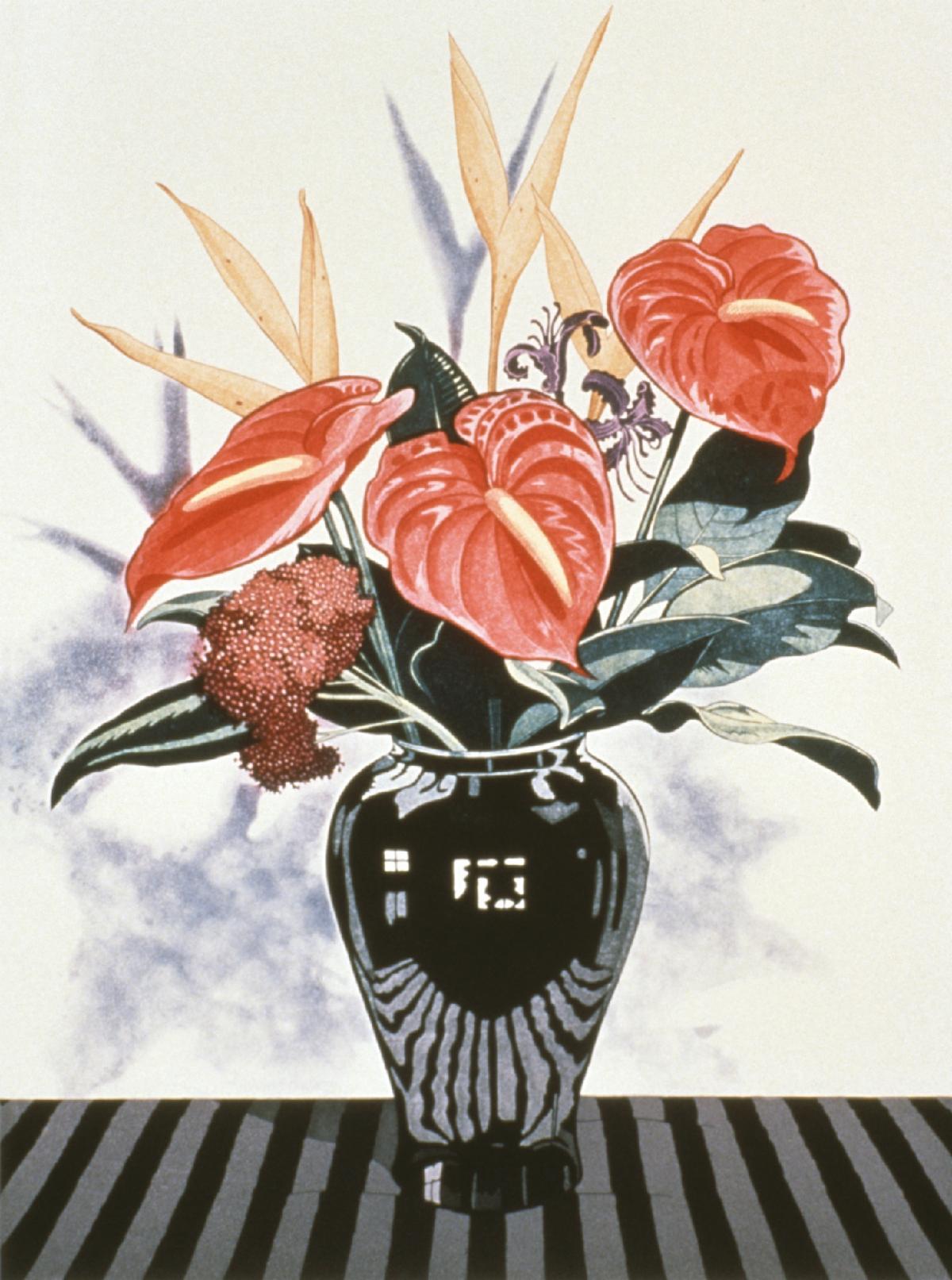 Bouquet of Anthuriums (1988, etching) by Sherrie Wolf, located at Sidney Glen Elementary, Port Orchard, Western WA.