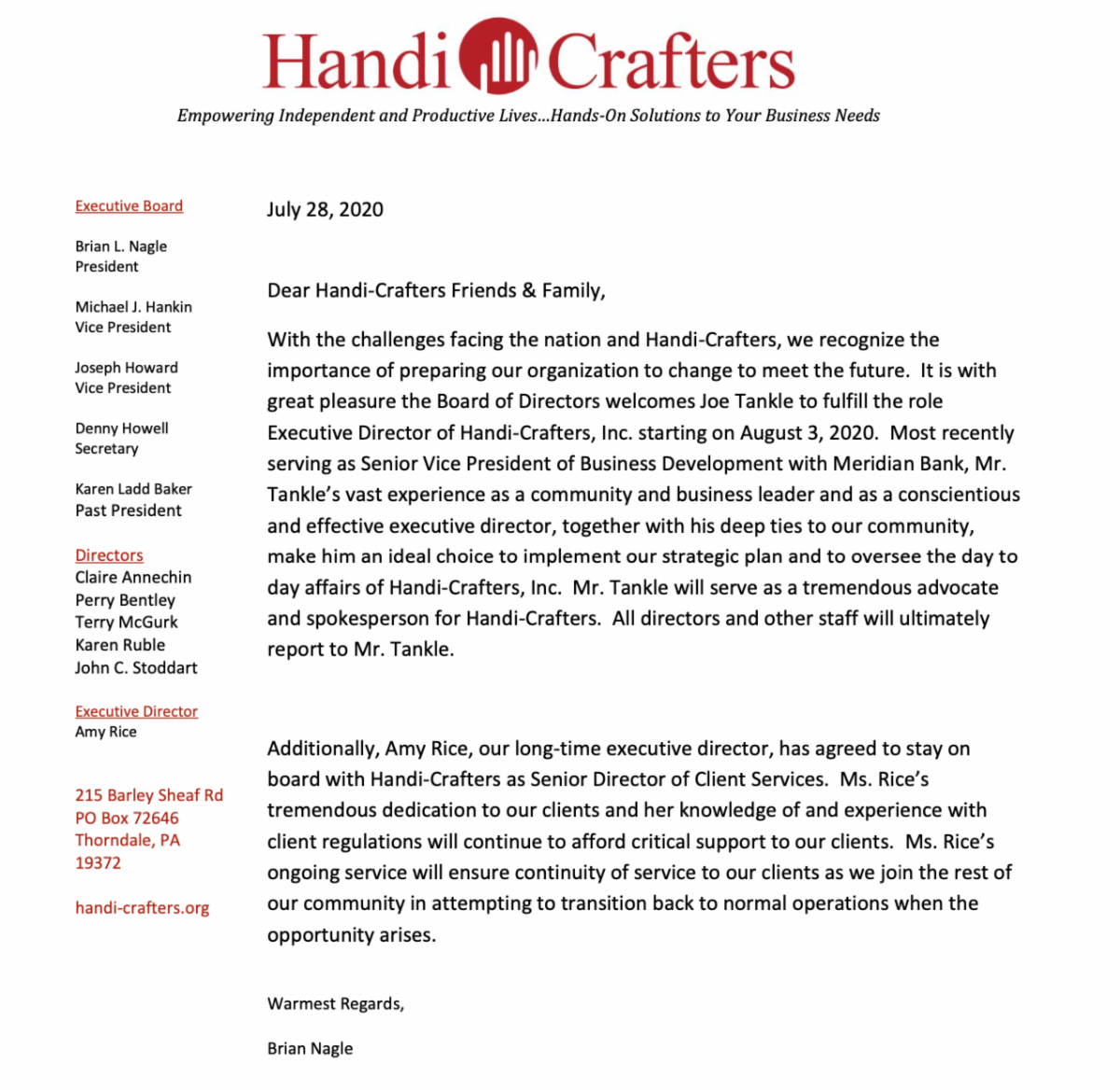 Handi-Crafters - Staffing Updates