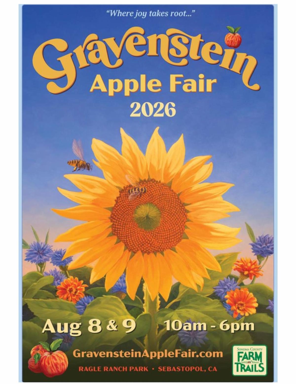 Beautiful sunflower with bees has the time and date.  Gravenstein Apple Fair August 8th to 9th flyer10am to 6pm. 