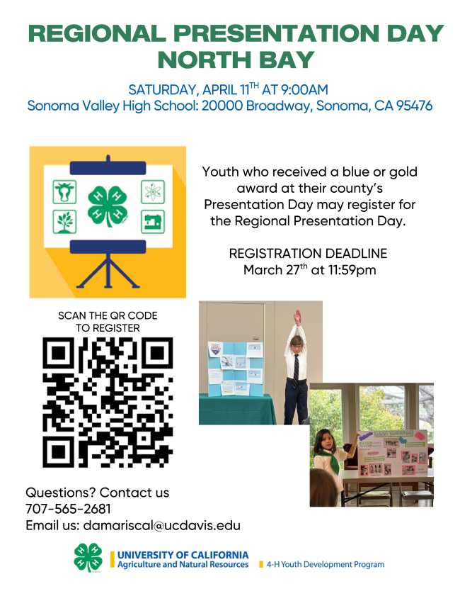 Regional Presentation Day, in person event on Saturday April 11th at 9am at Sonoma Valley High School. Youth who received a gold or blue award will be able to participate at Regional Presentation Day. 