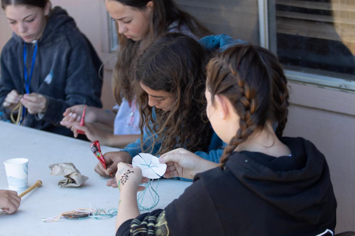 a group of girls sitting at a table with doing a henna tattoo activity and lanyards