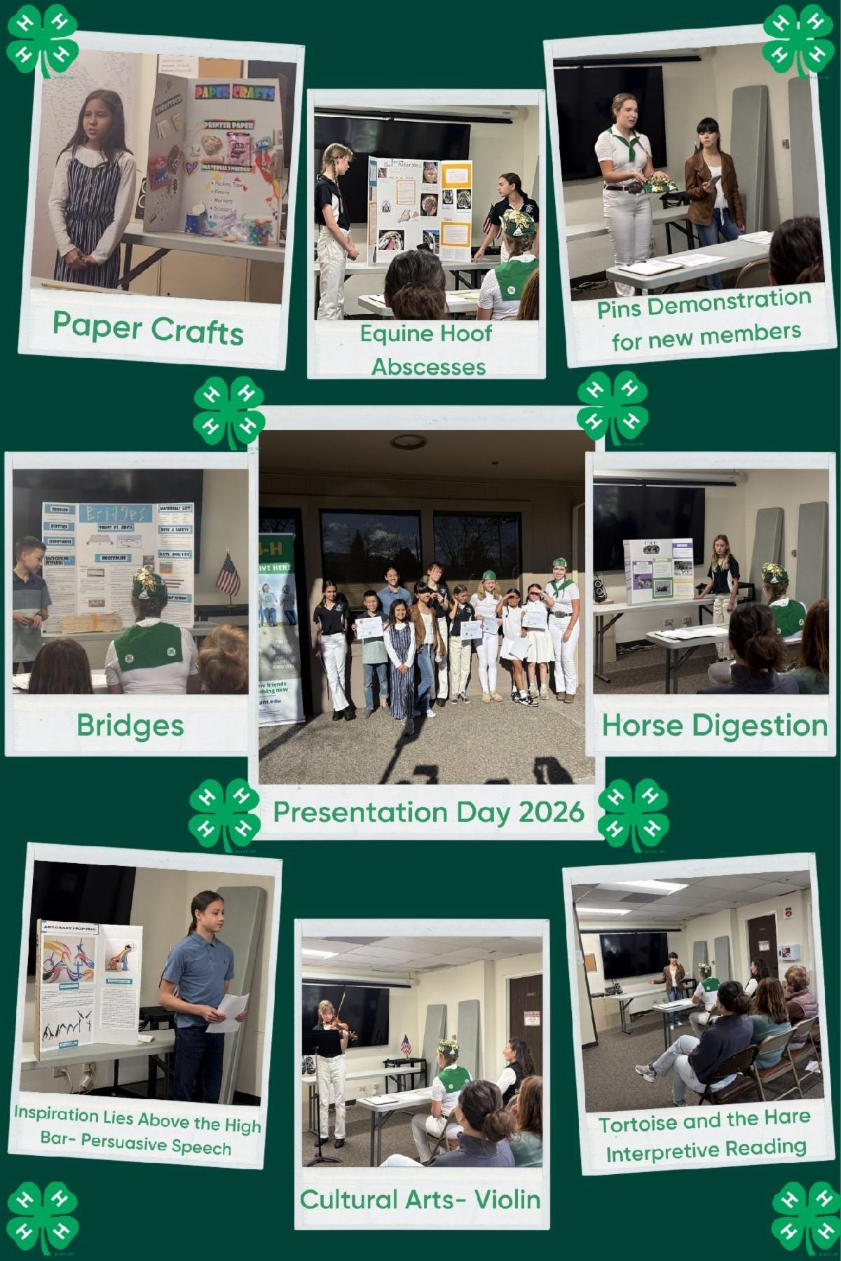 Photo Collage of presentation day. Presentations about paper crafts, equine hoof abscesses, pin demonstrations for 4-H hats, bridges, horse digestion, Art grant, Cultural arts- member playing the violin, and interpretive reading of Tortoise and the Hare. 