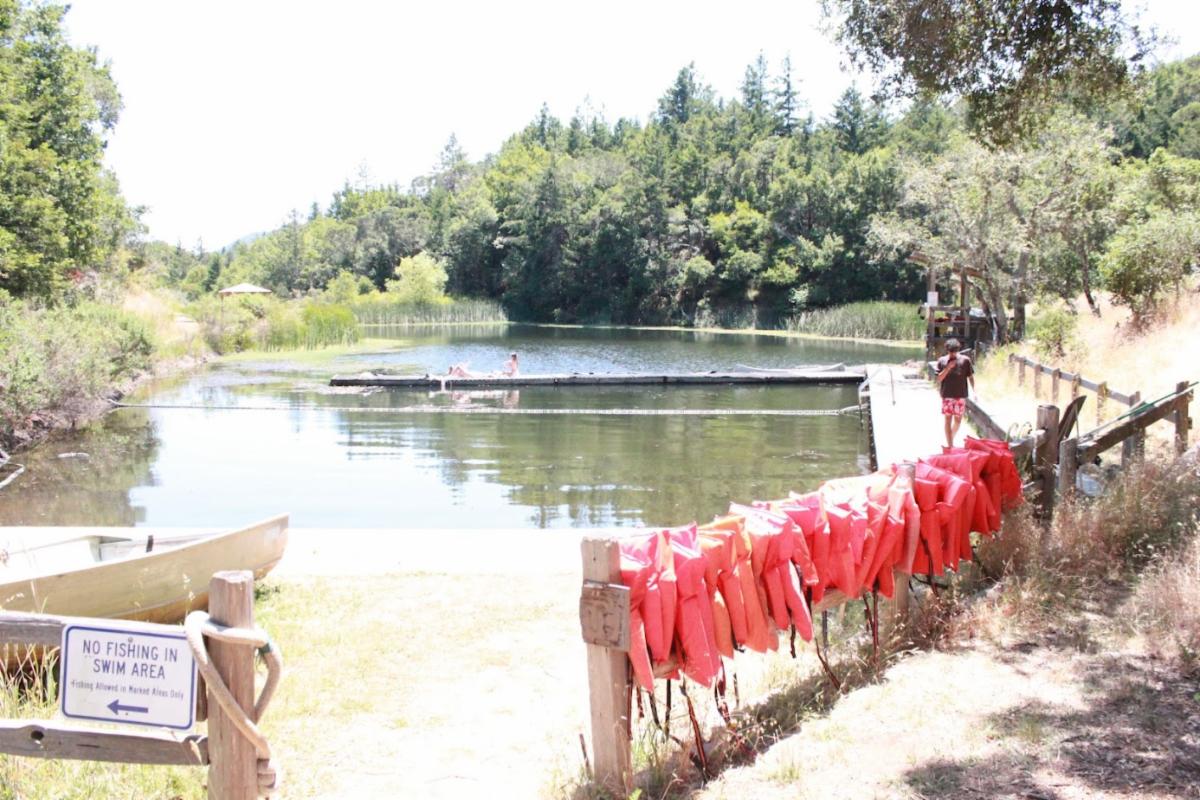 scene of the pond at Marin 4-H camp, with life jackets and a long dock