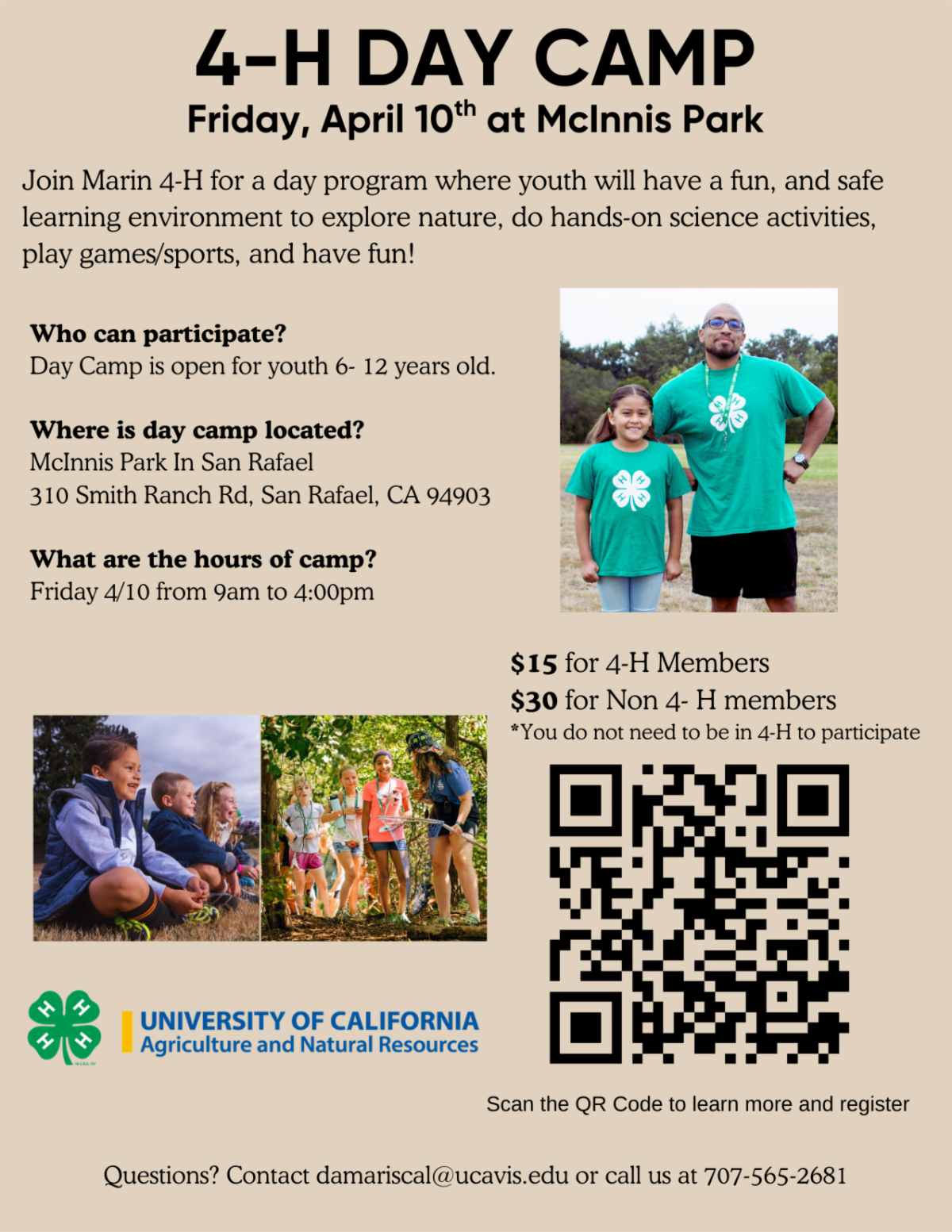 4-H Day Camp Flyer for Friday April 10th at McInnis Park in San Rafael. Enjoy a day filled with hands-on activities, sports, art and so much more! Join us by registering today!