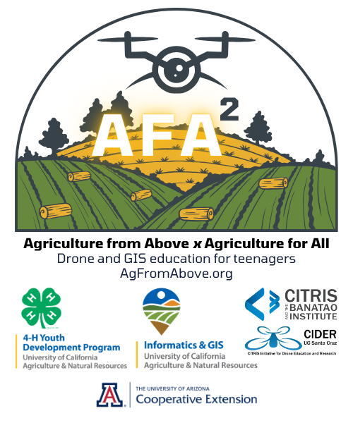 Youth Drone Academy Logo, sponsored by ArcGIS and Funded by USDA partnering with California 4-H