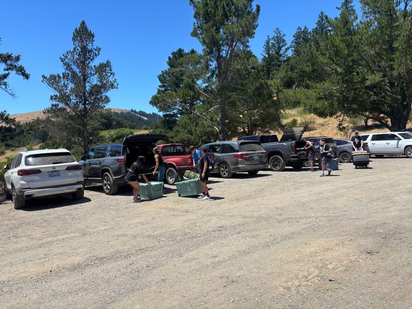 a line of cars and families unloading camping gear with trees and mountain terrain in the background