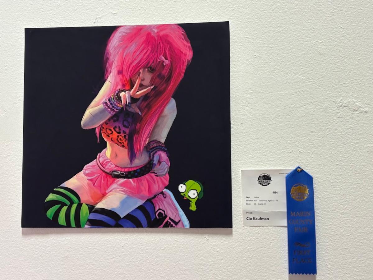 digital art work of a woman throwing up a piece sign with pink hair and and leopard print shirt, pink tutu and stripped green and blue socks with a character in the background. A blue 1st place ribbon hangs next to it