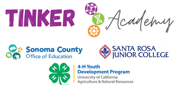 Tinker Academy logo sponsored by SRJC, Sonoma County Office of education, Sonoma State University and California 4-H