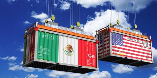 Shipping containers with flags of Mexico and USA - 3D illustration