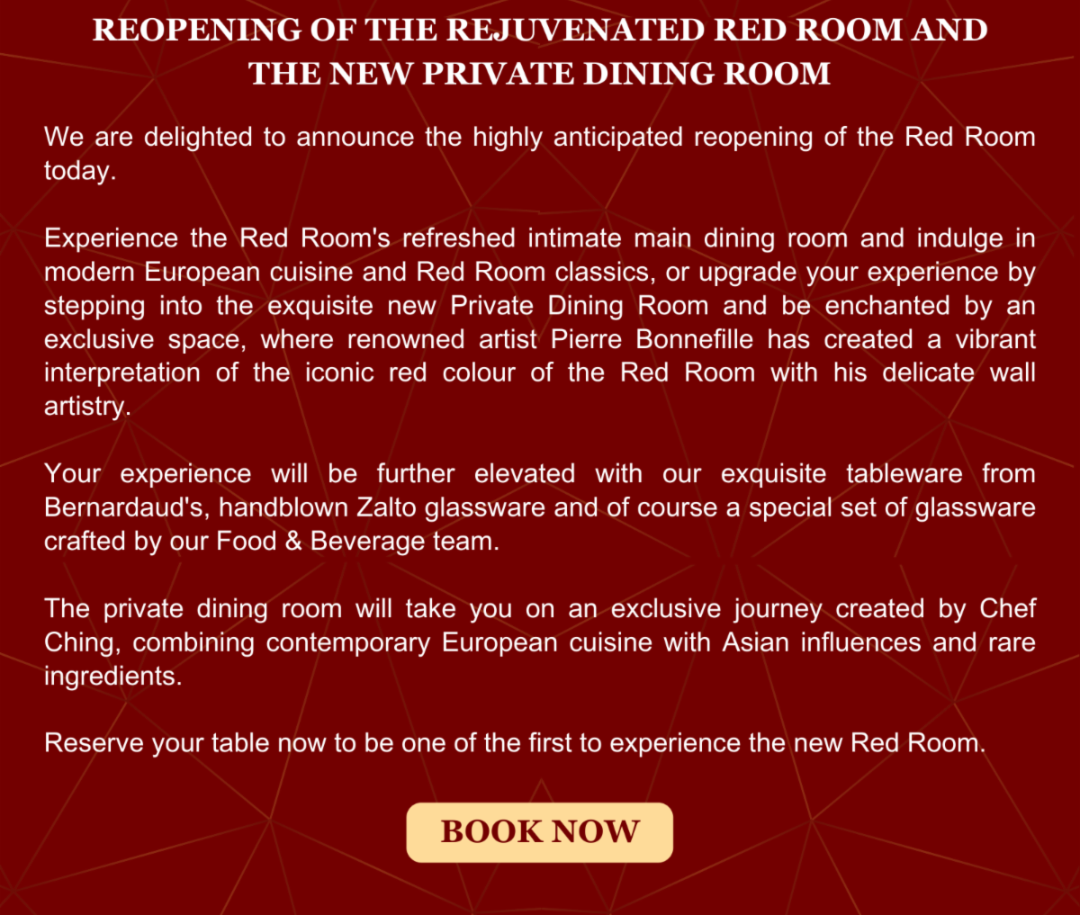 Reopening of the Rejuvenated Red Room and the New Private Dining Room