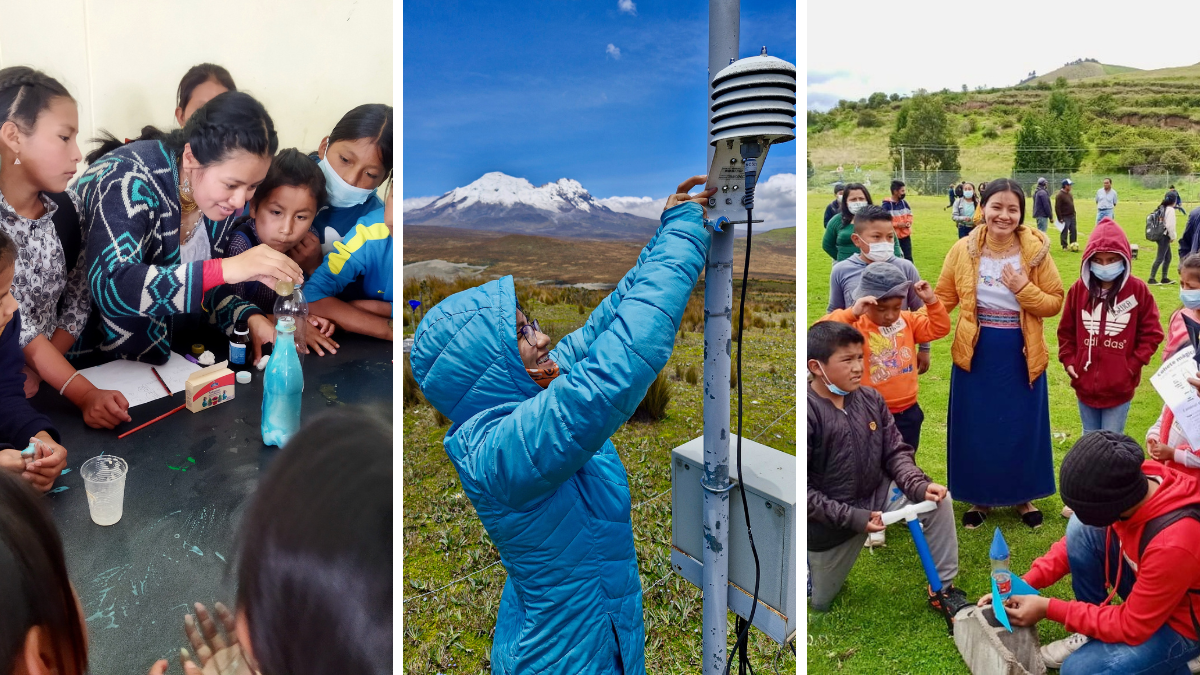Collage of three images showing a woman engaging with children in science activities, adjusting weather equipment in a mountainous landscape, and smiling while interacting with a group of students outdoors.