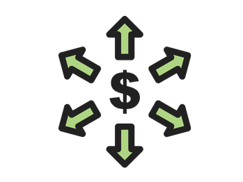 A dollar sign surrounded by arrows pointing outwards in multiple directions