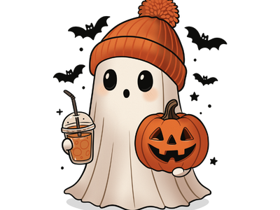 Illustration of a cartoon ghost wearing a beanie and holding a drink in one hand and a pumpkin on the other