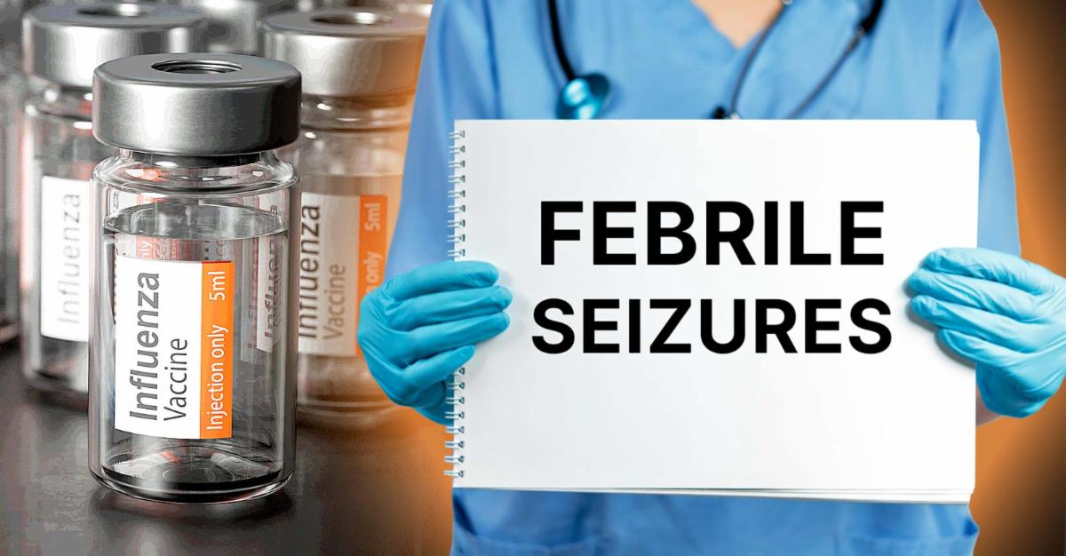 flu vaccine bottle and words "febrile seizures" 
