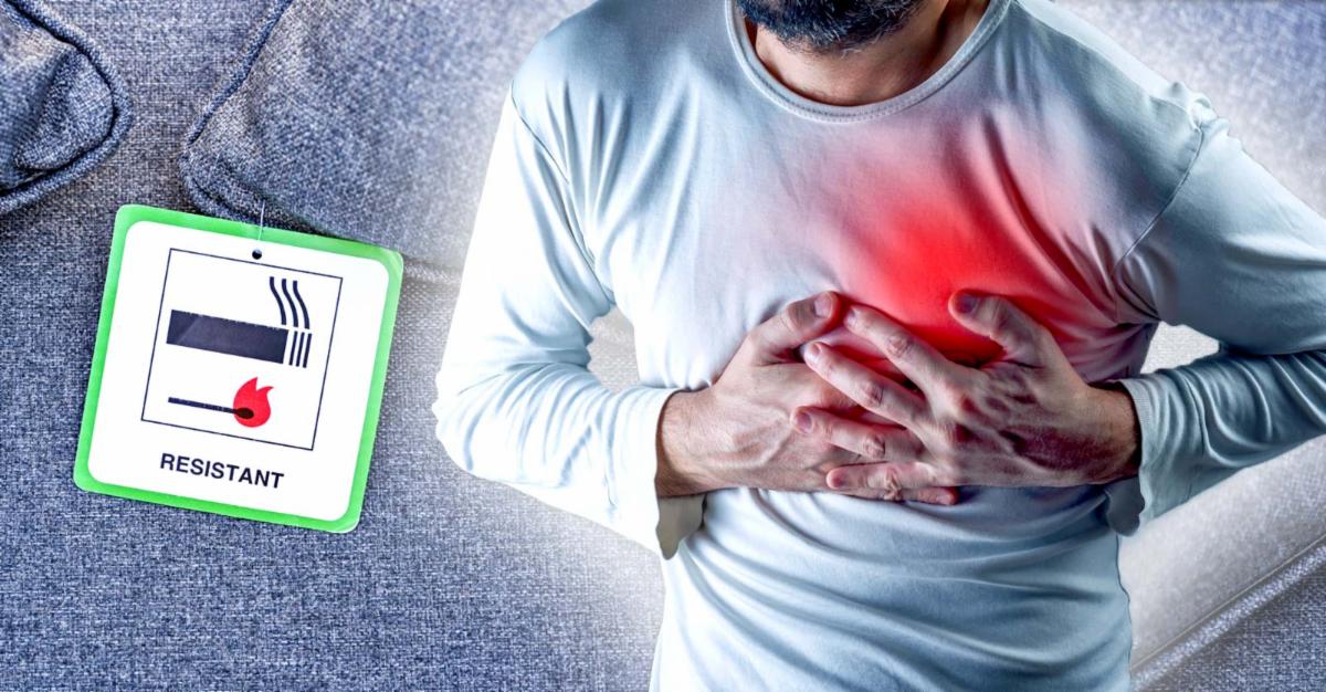 flame resistant furniture and man holding heart 