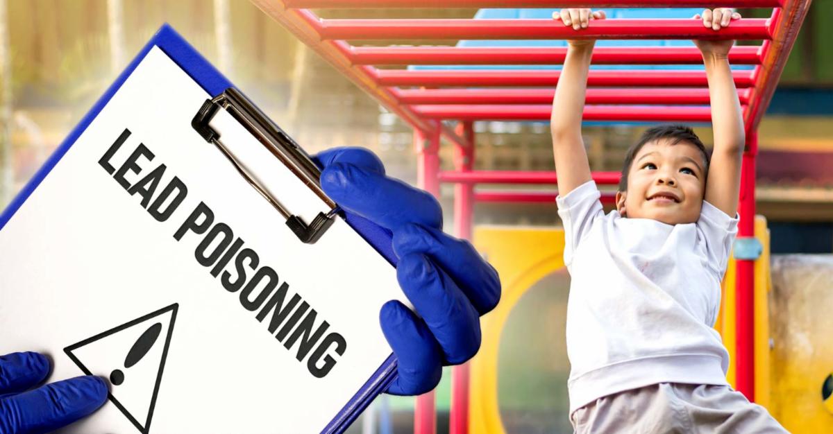 boy on playground and words "lead poisoning" 