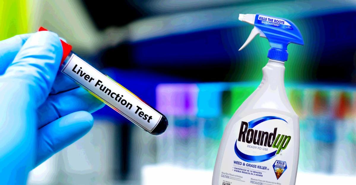 glyphosate bottle right with a liver function blood test left