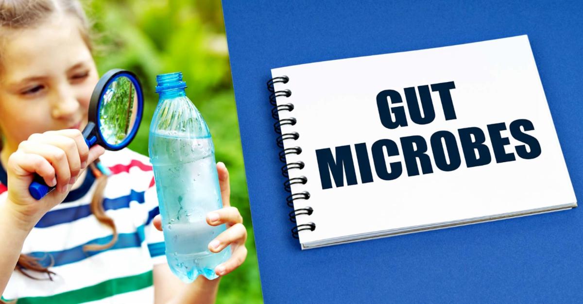 child looking at plastic water bottle and word "gut microbes" 