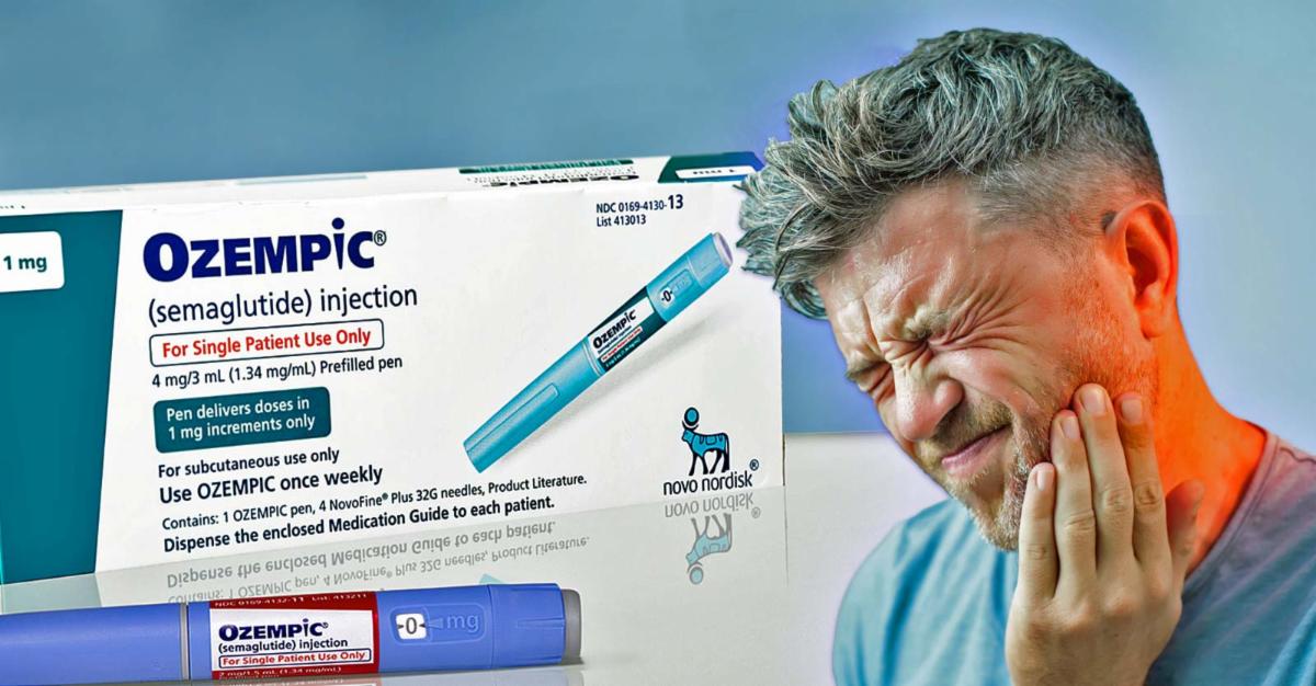 ozempic box and pen on left and man with toothache on right