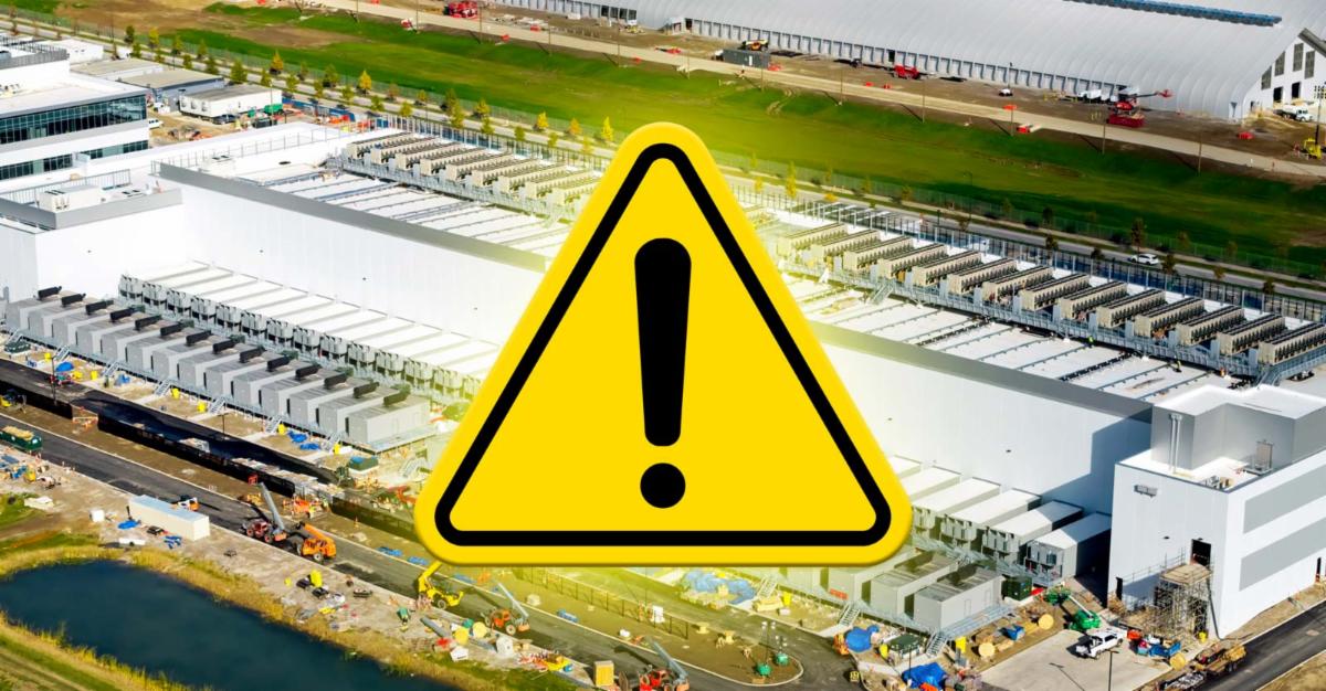 AI data center and warning symbol