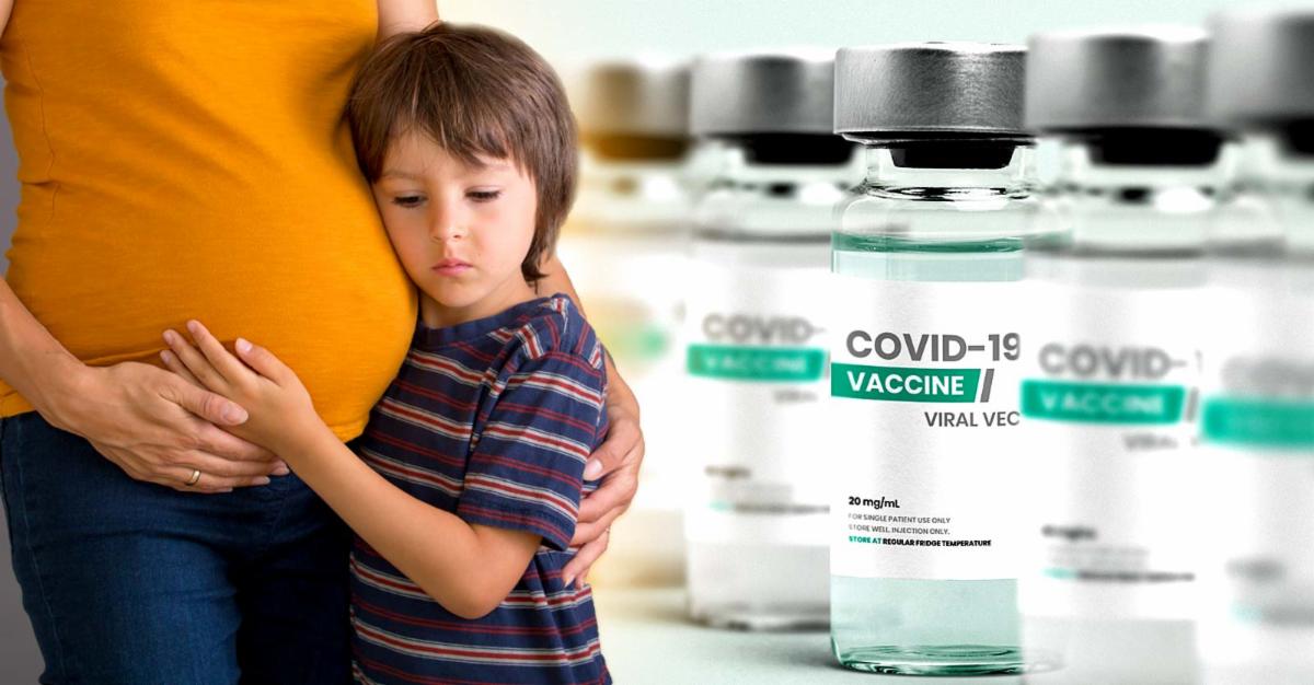 pregnant mom with child and covid vaccine bottles 