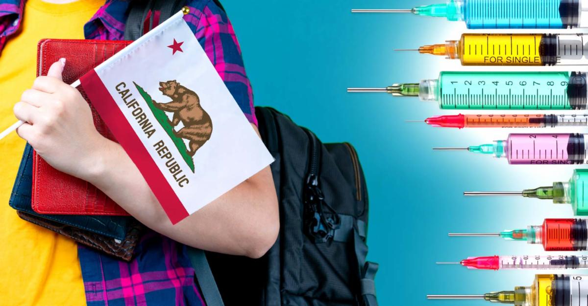 girl wearing backpack with california flag, and vaccines