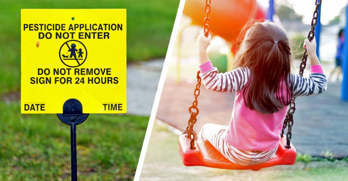pesticide application lawn sign and young girl on swing at playground 