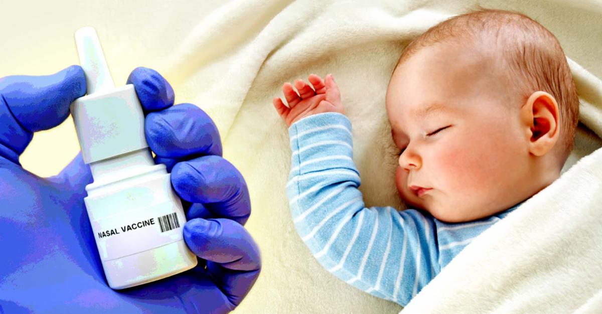 nasal vaccine bottle and a sleeping baby